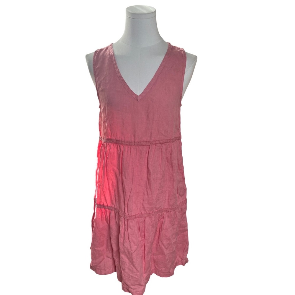 Lucky‎ Brand Linen Tiered Mini Dress Crochet Lace Coral Pink XS Boho Festival